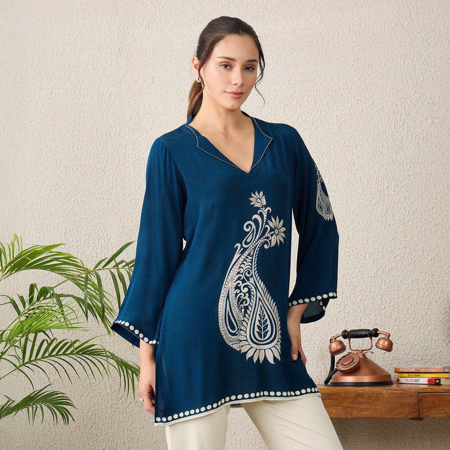Navy Blue Paisley Crystal Embellished Short Kurta