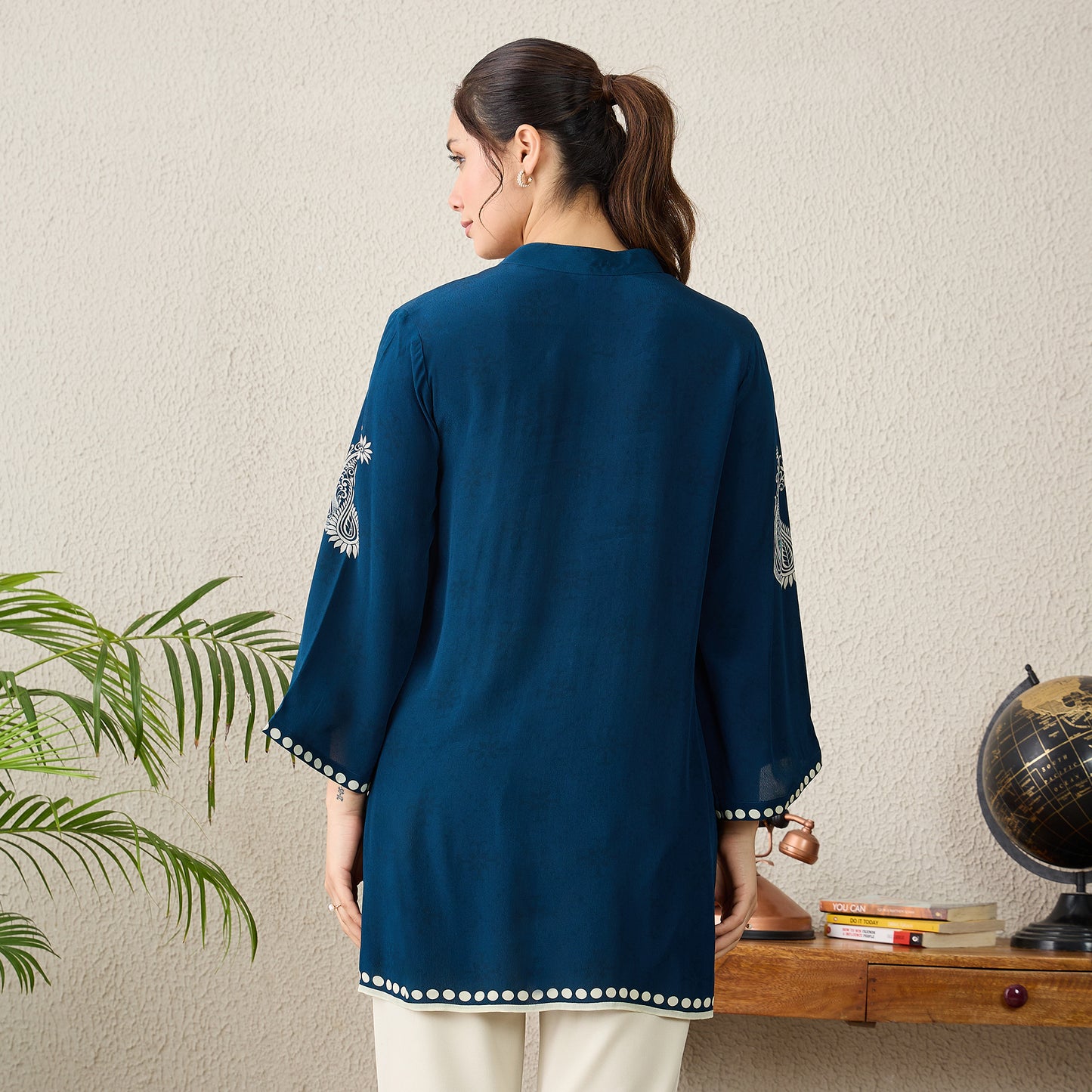 Navy Blue Paisley Crystal Embellished Short Kurta