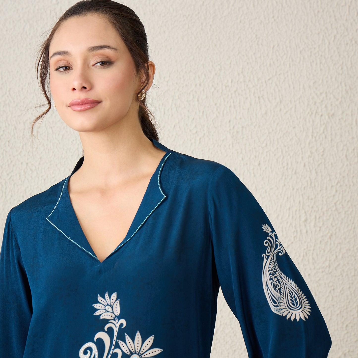 Navy Blue Paisley Crystal Embellished Short Kurta