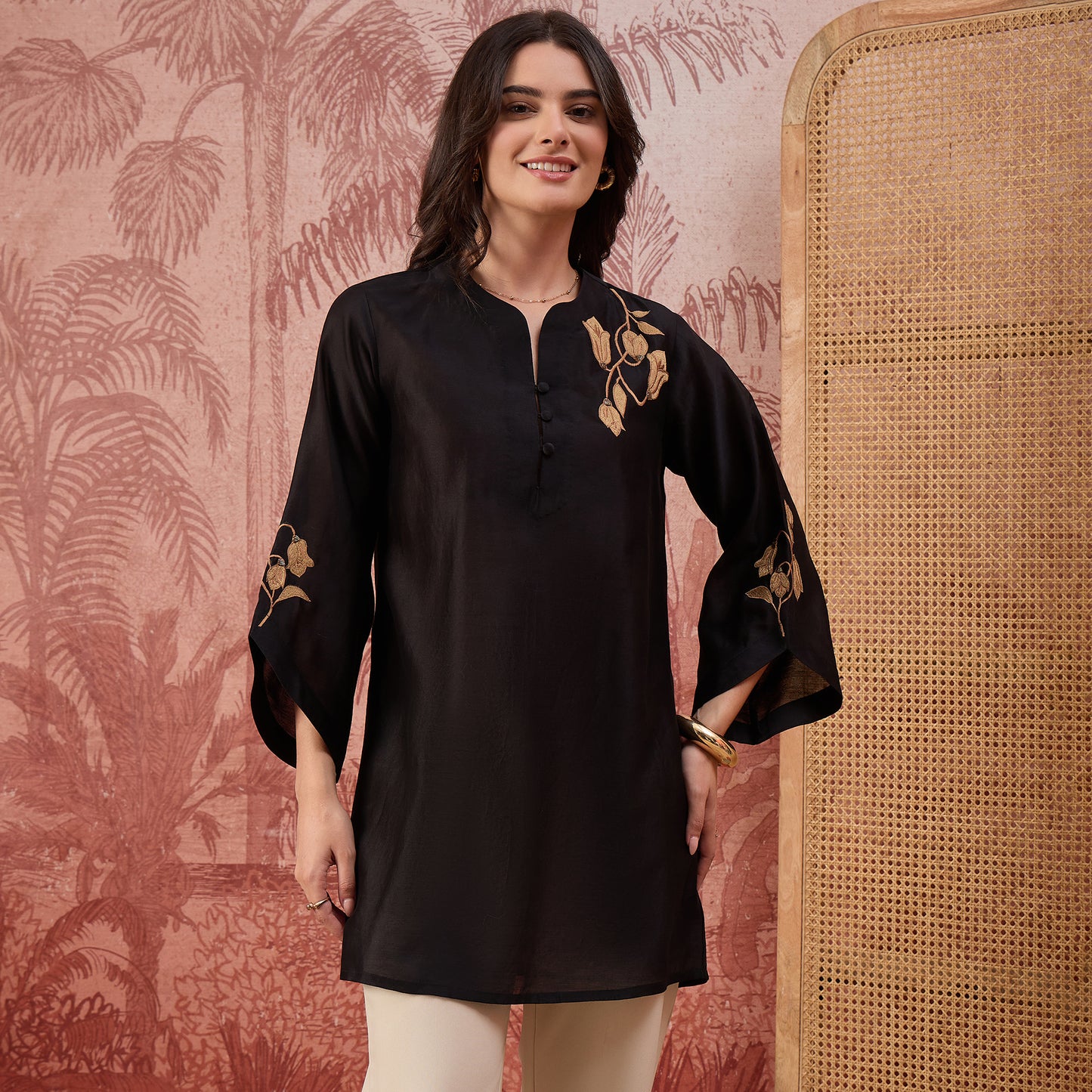 Black Tulip Embroidered Short Kurti