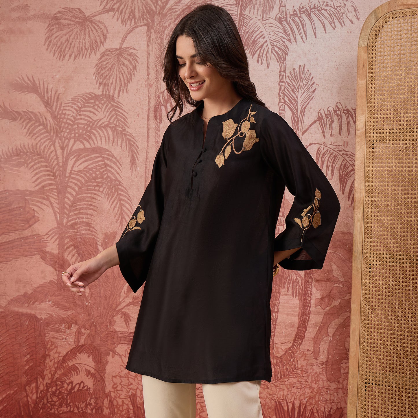 Black Tulip Embroidered Short Kurti