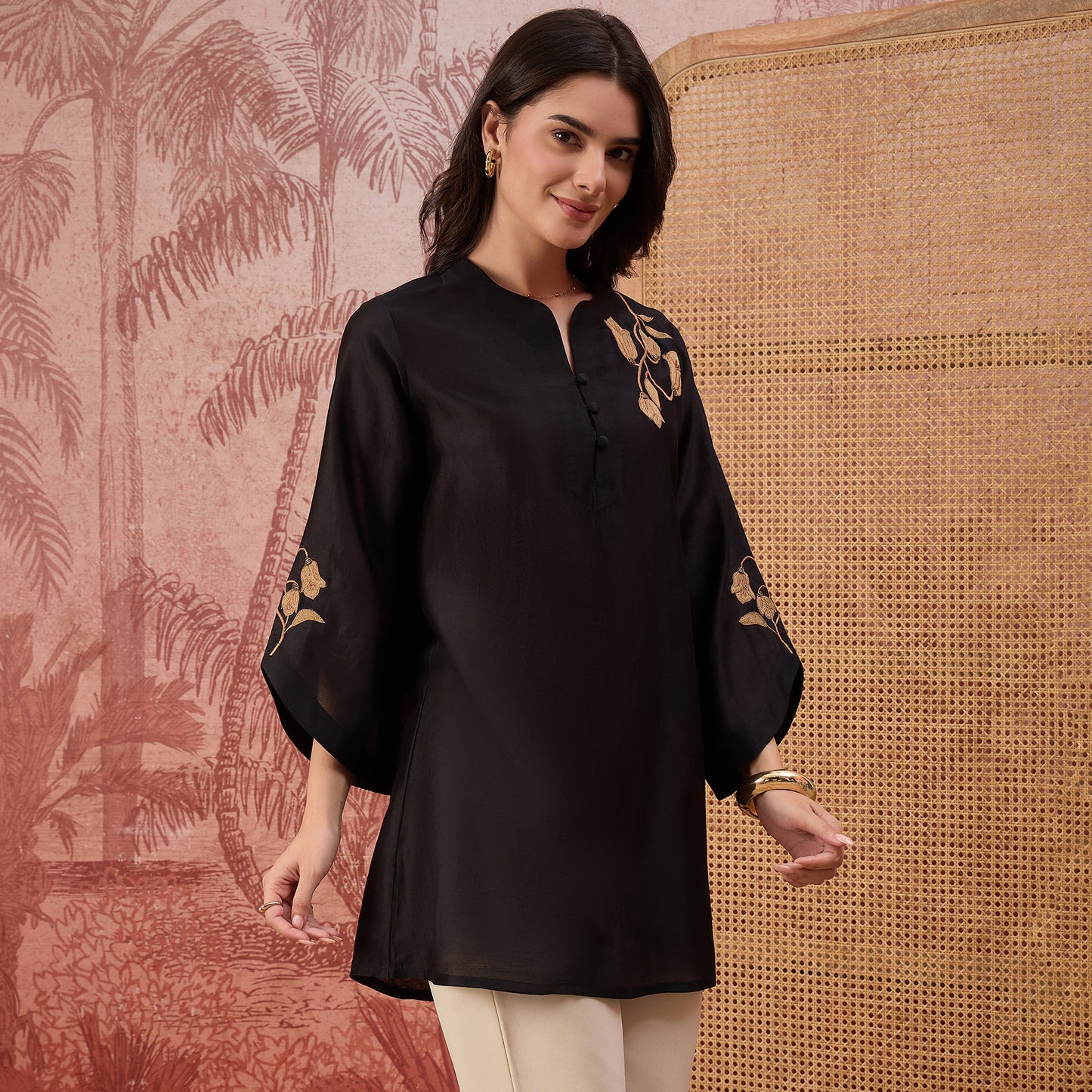 Black Tulip Embroidered Short Kurti