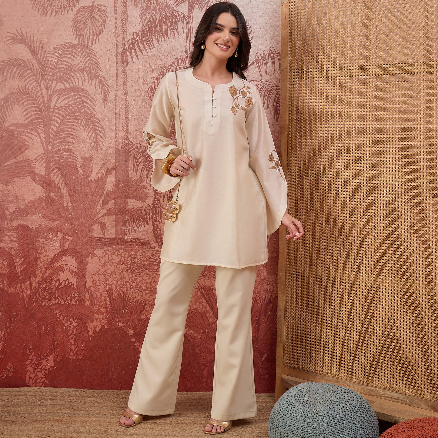 Cream Tulip Embroidered Short Kurti