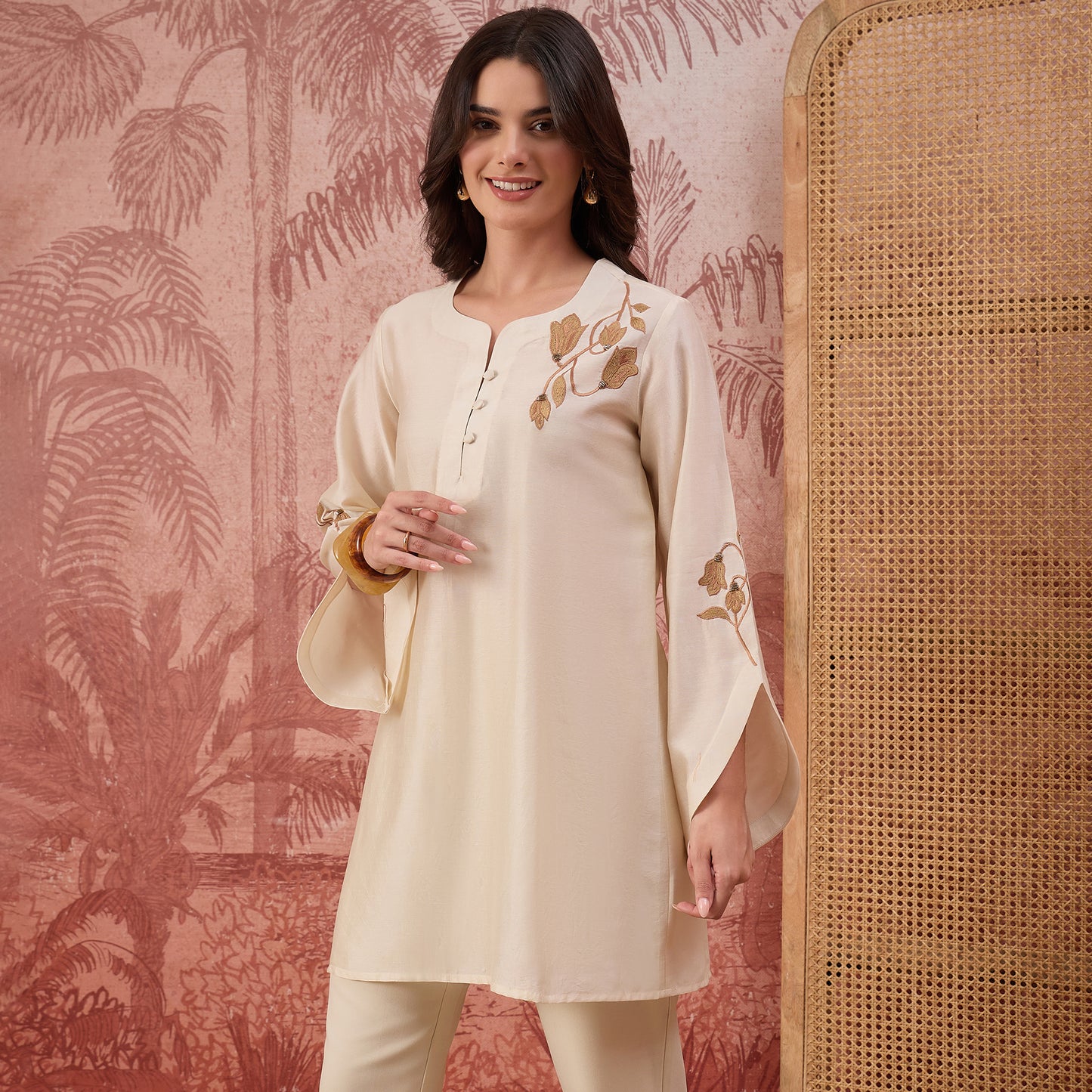 Cream Tulip Embroidered Short Kurti