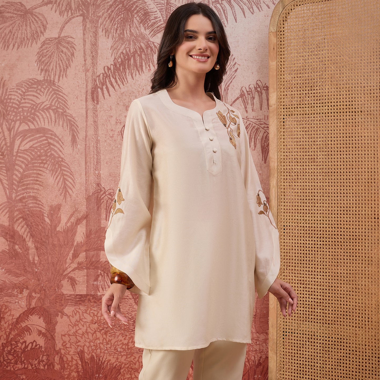 Cream Tulip Embroidered Short Kurti