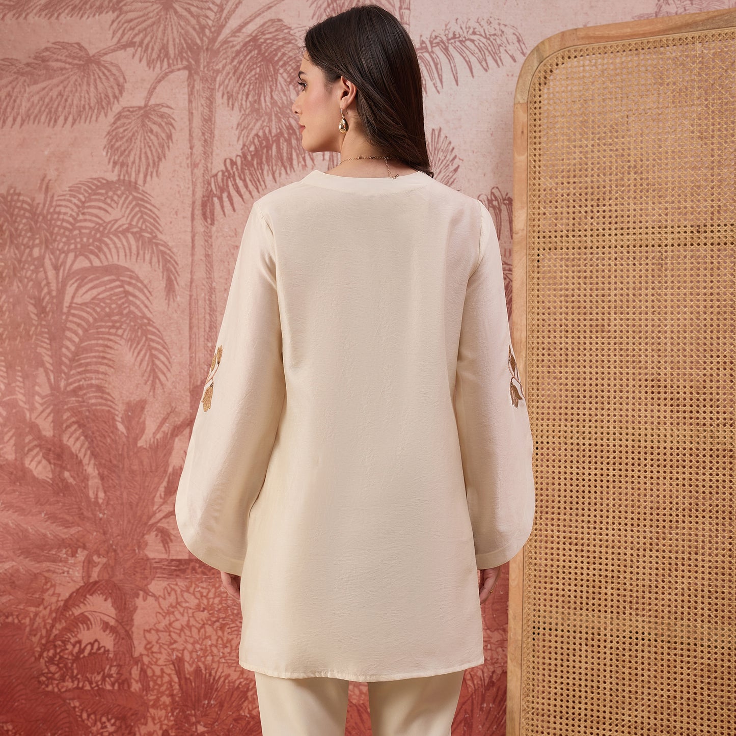 Cream Tulip Embroidered Short Kurti
