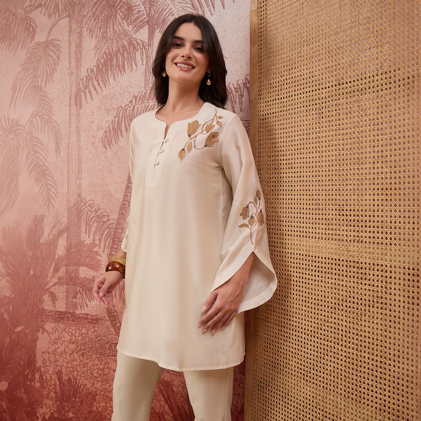 Cream Tulip Embroidered Short Kurti