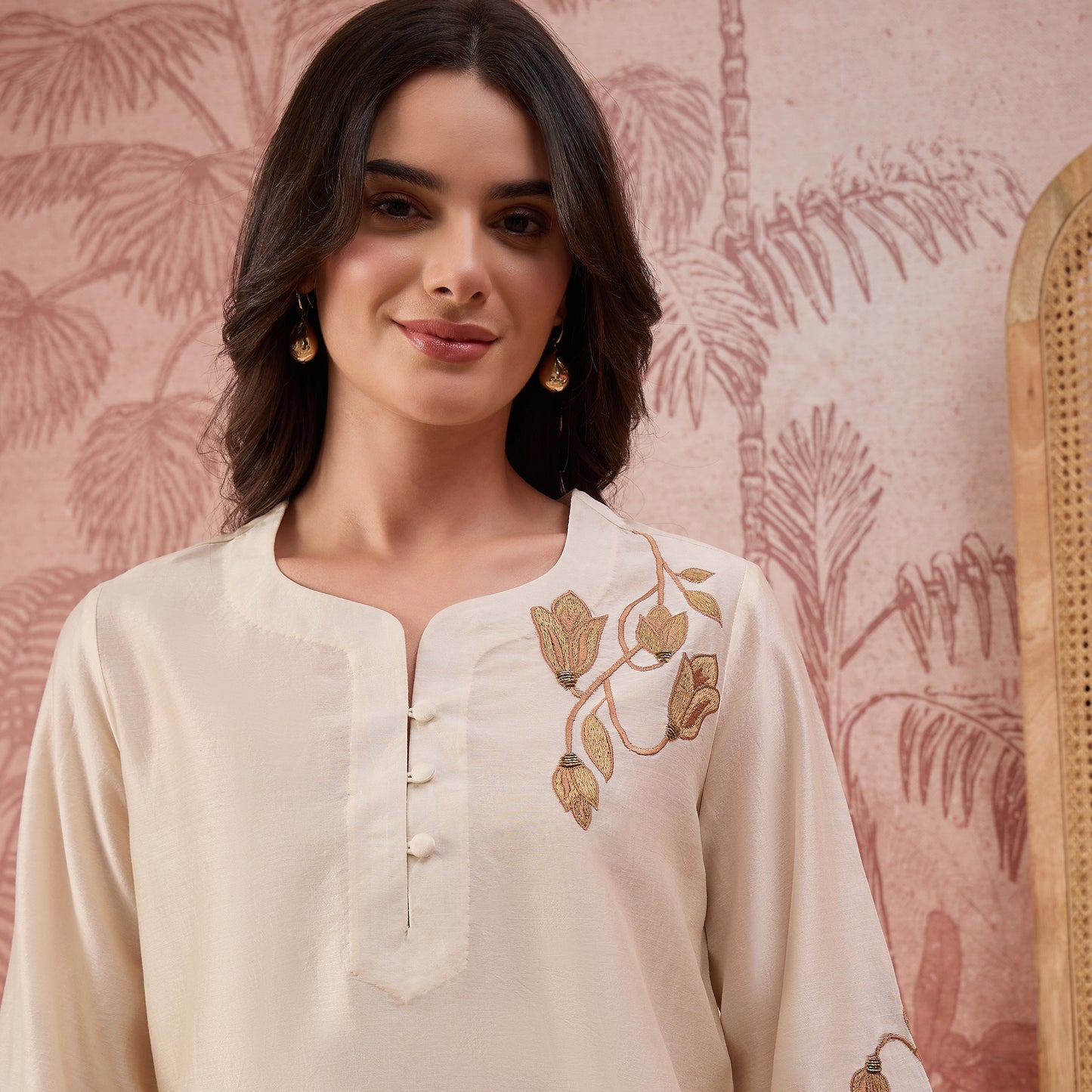 Cream Tulip Embroidered Short Kurti