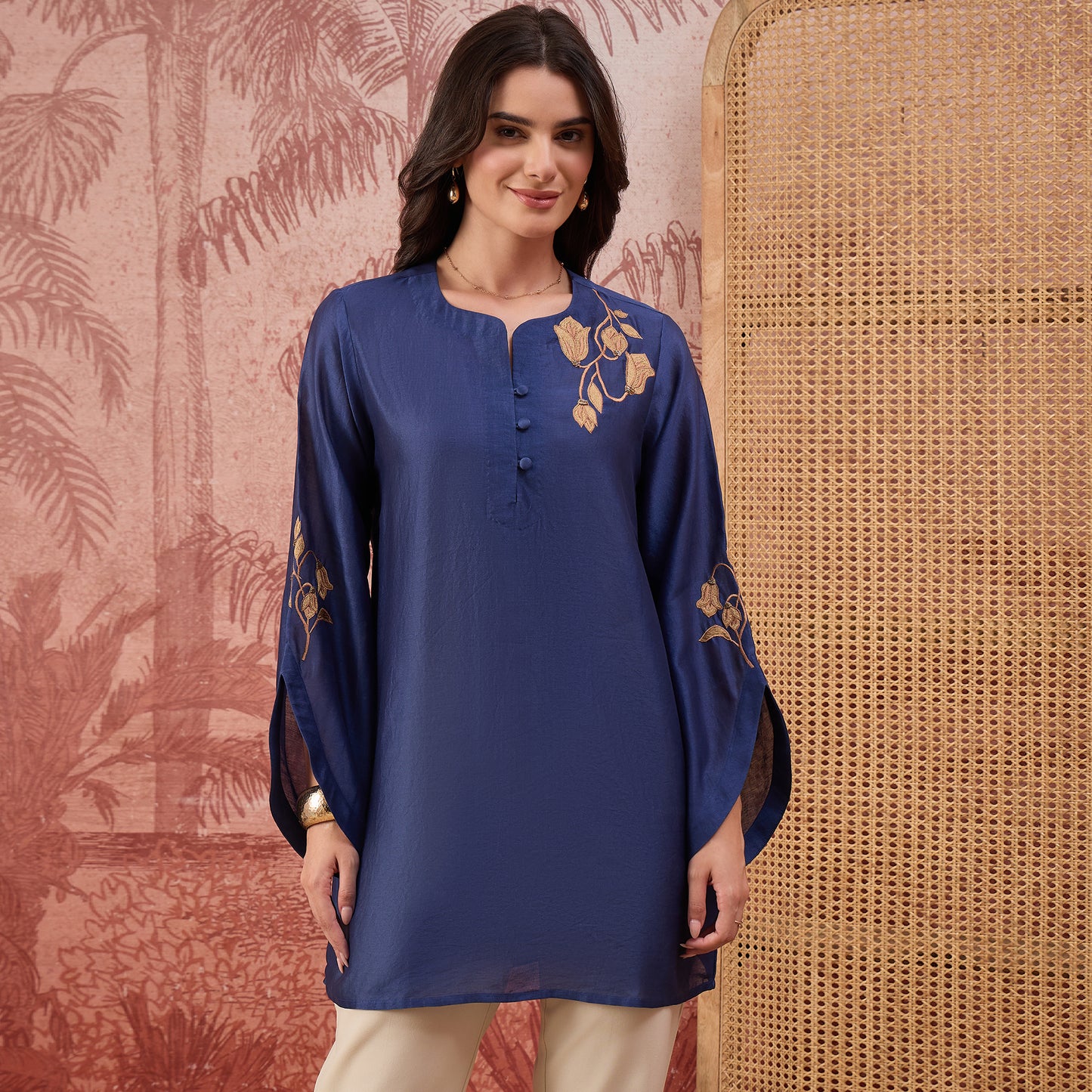 Navy Blue Tulip Embroidered Short Kurti
