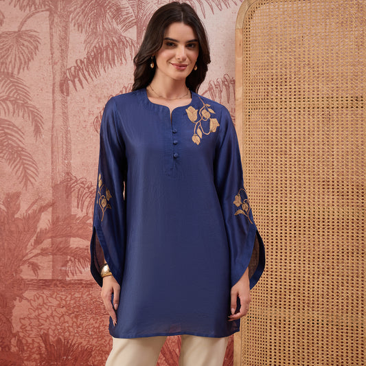 Navy Blue Tulip Embroidered Short Kurti