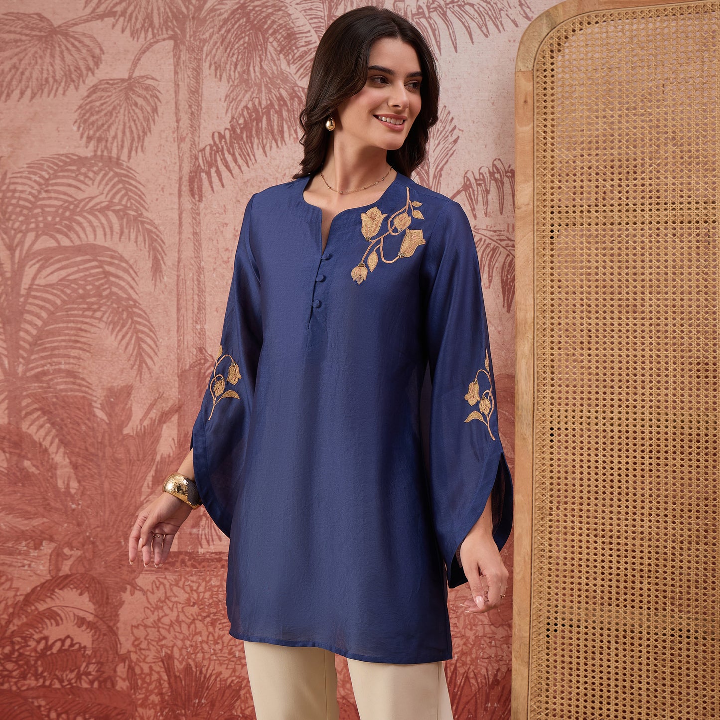 Navy Blue Tulip Embroidered Short Kurti