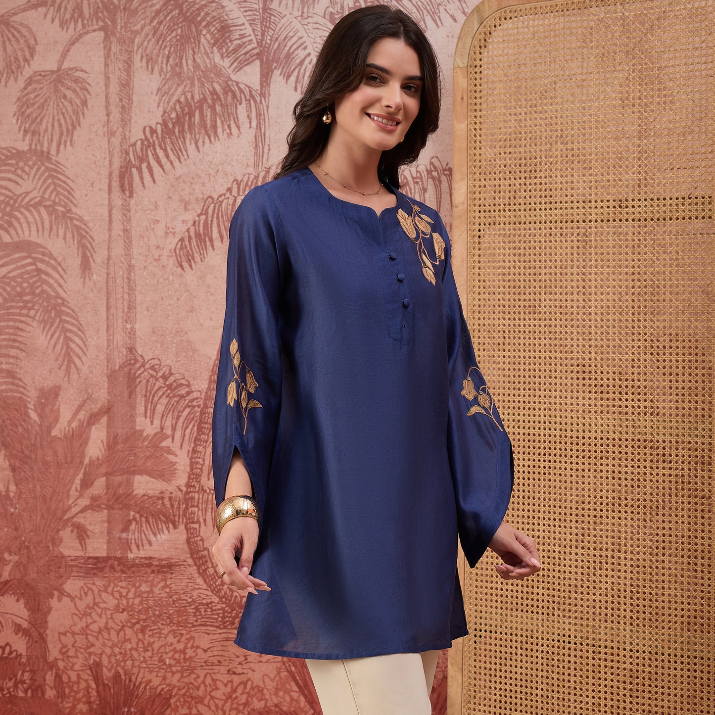 Navy Blue Tulip Embroidered Short Kurti