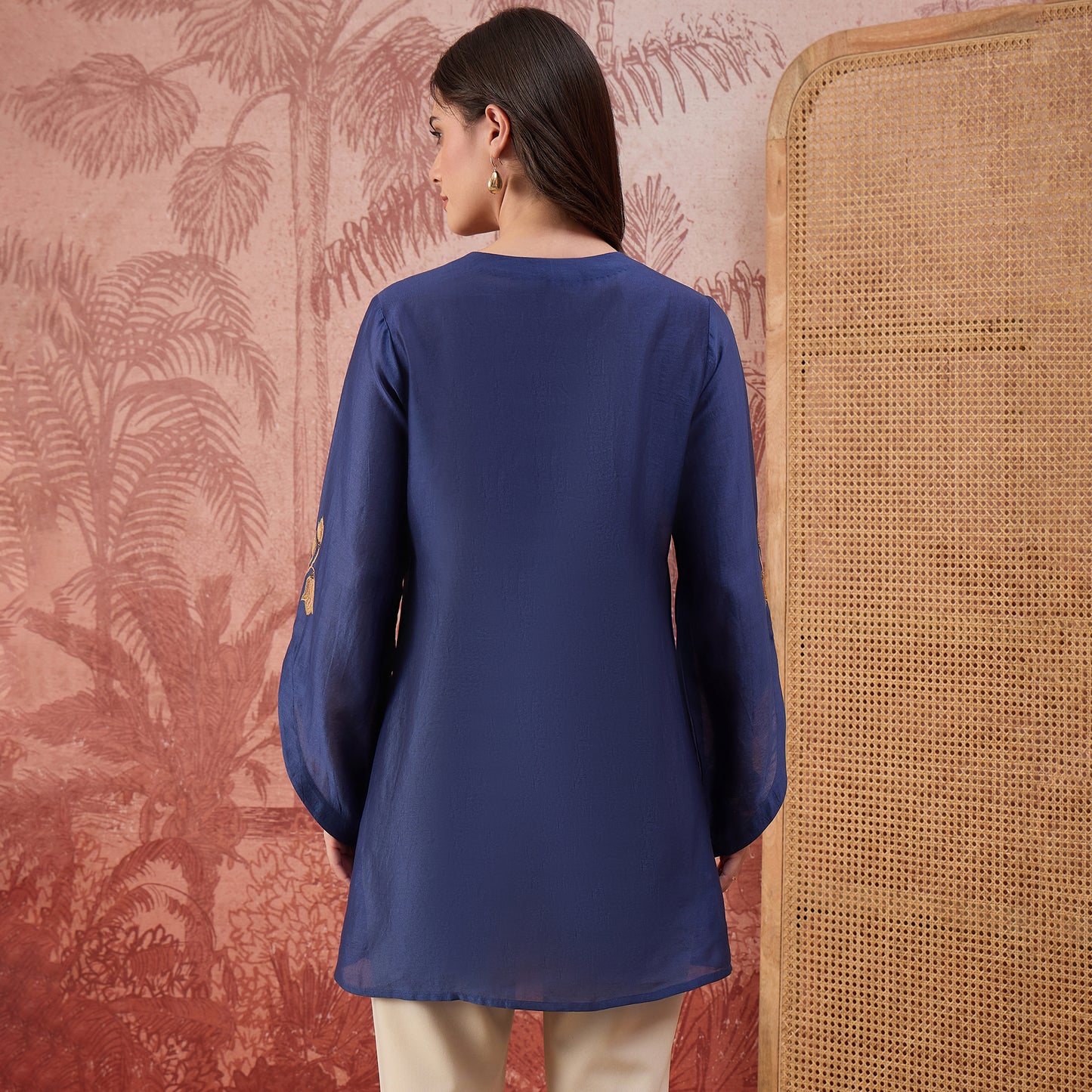 Navy Blue Tulip Embroidered Short Kurti