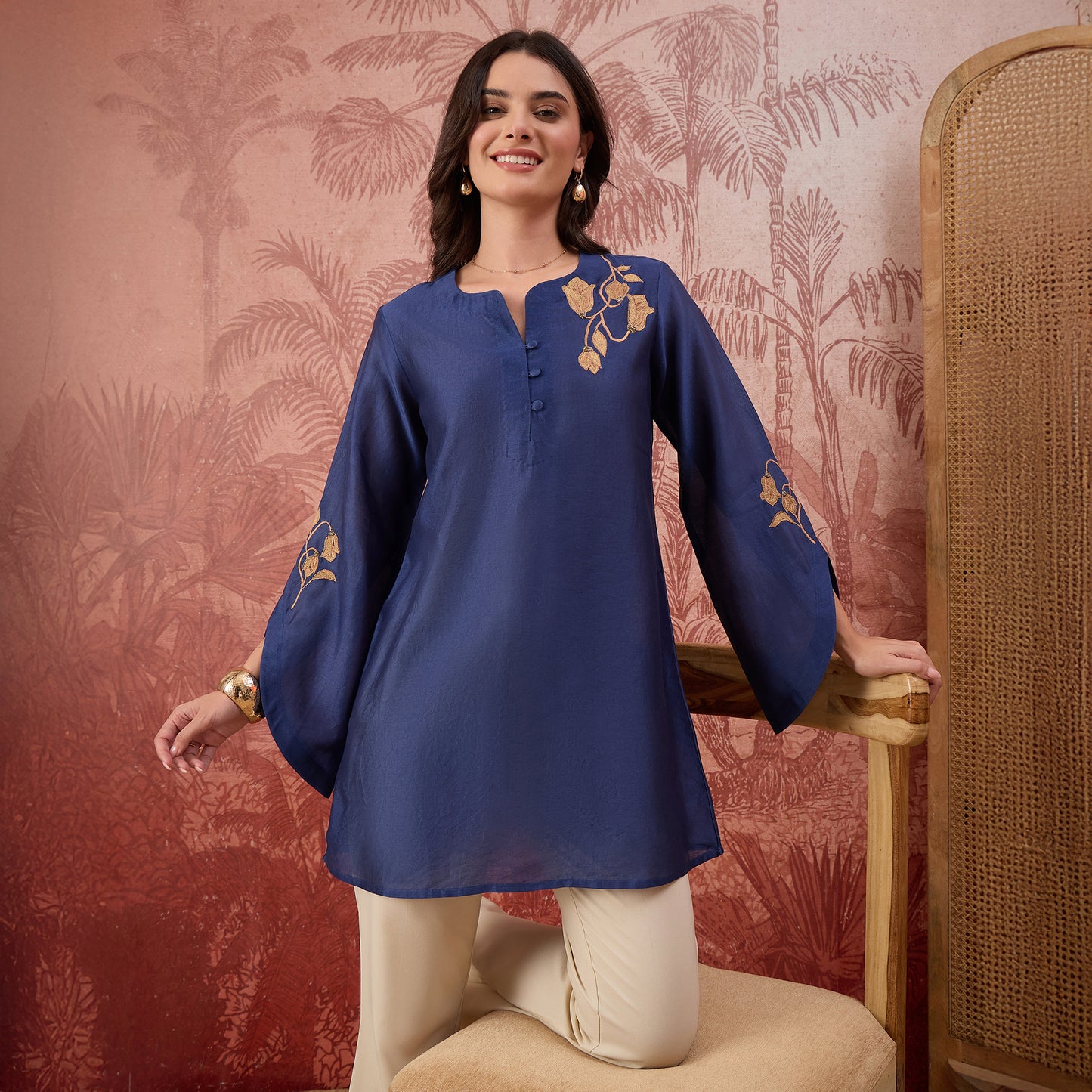 Navy Blue Tulip Embroidered Short Kurti