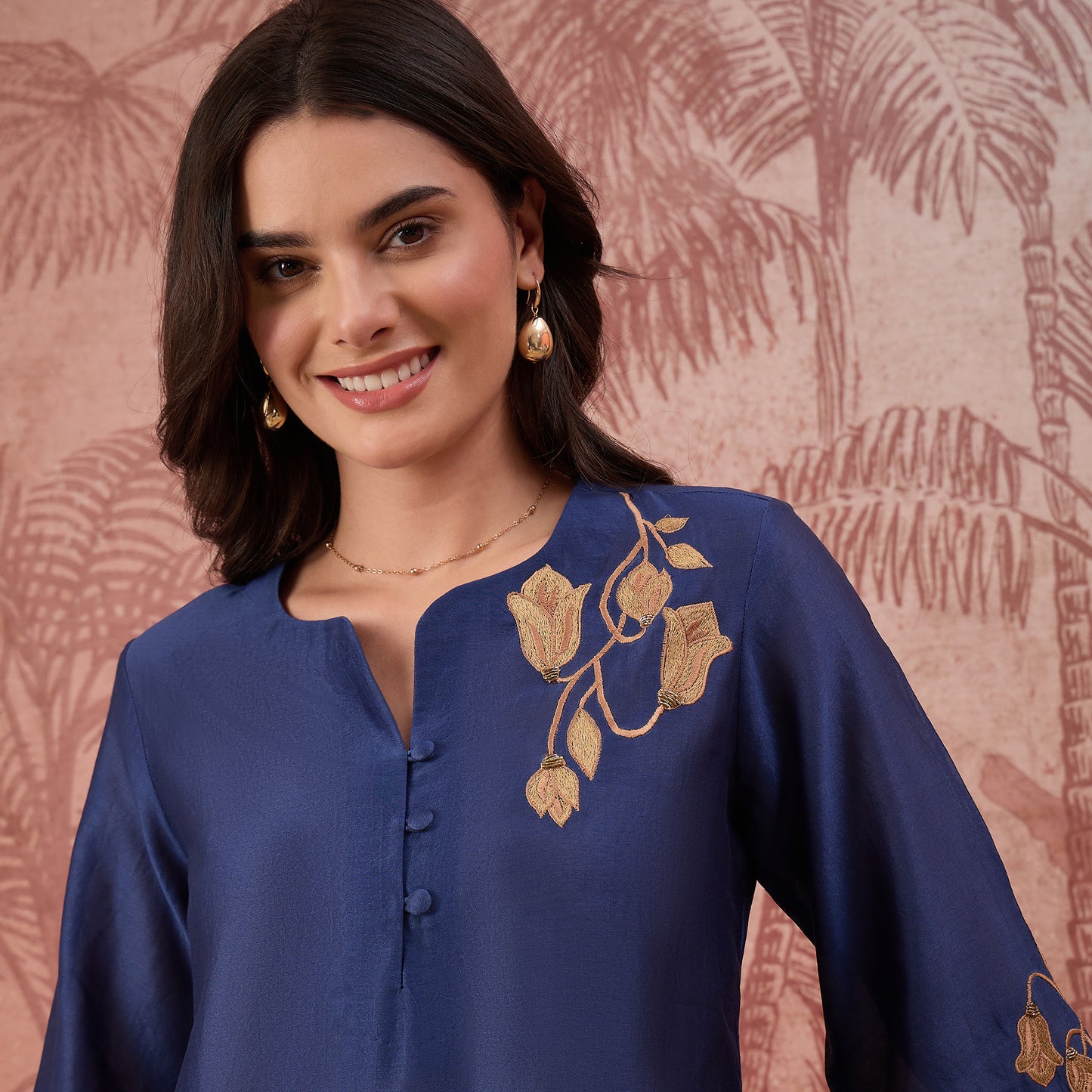 Navy Blue Tulip Embroidered Short Kurti