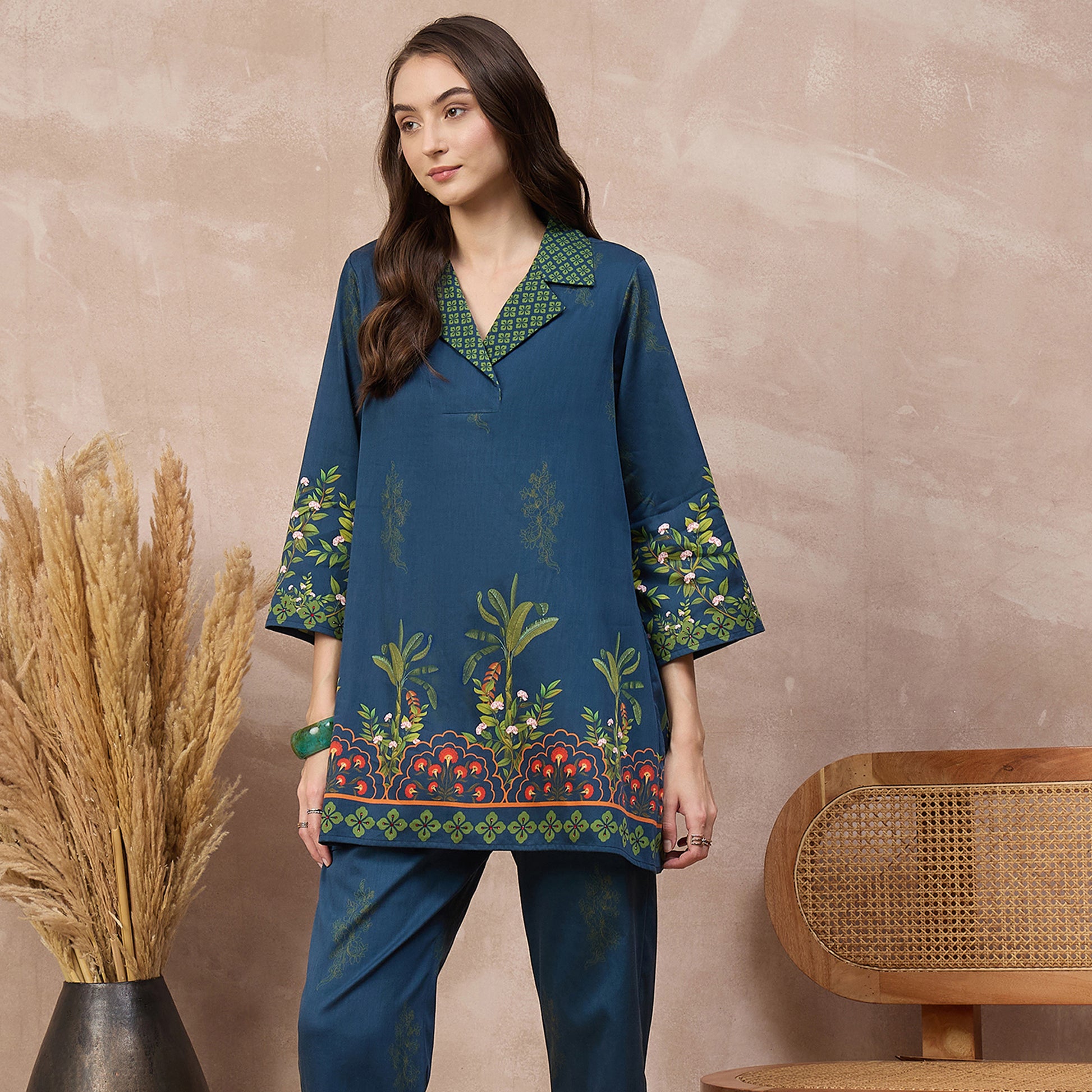 Blue Floral Print Kurta for Women – Cotton Satin – Model View | First Resort by Ramola Bachchan