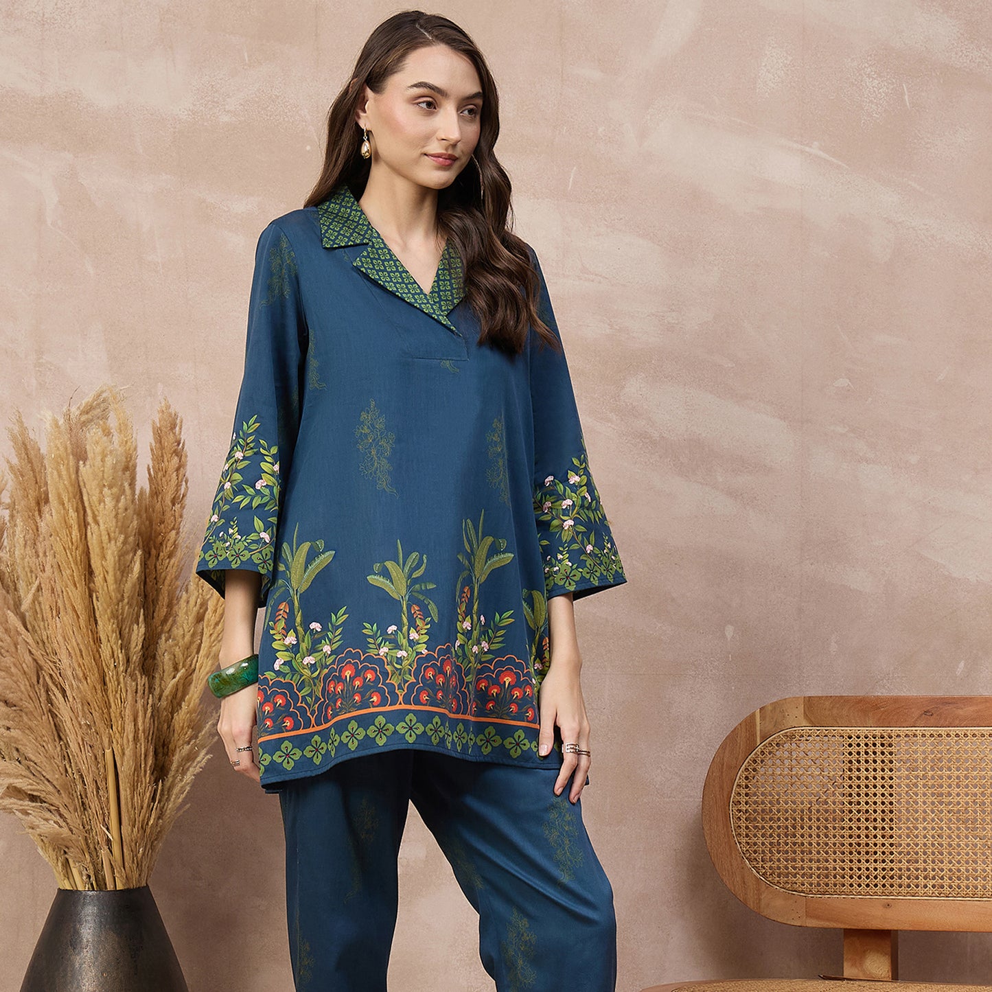 Blue Floral Print Kurta for Women – Cotton Satin – Side View | First Resort by Ramola Bachchan