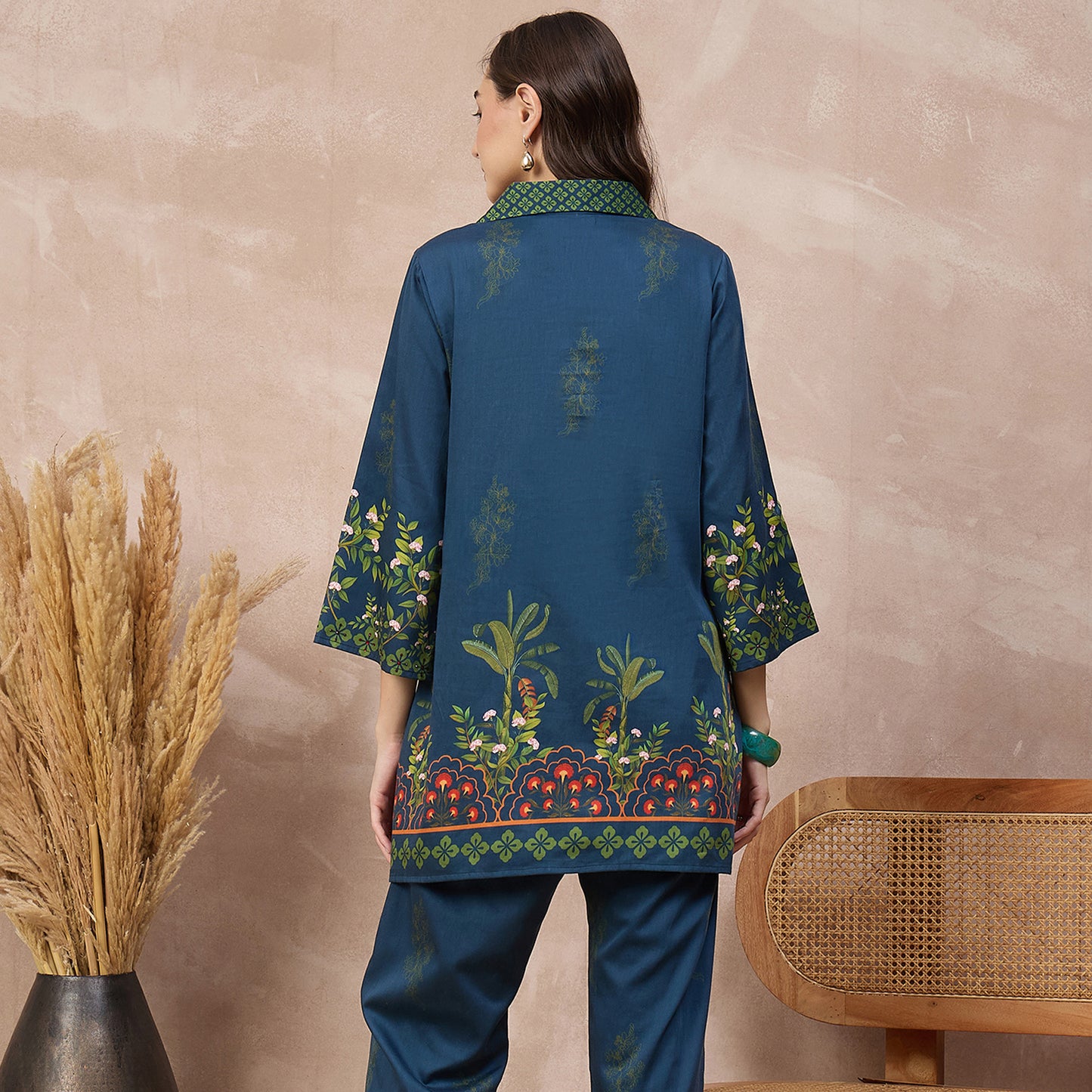 Blue Floral Print Kurta for Women – Cotton Satin – Detail View | First Resort by Ramola Bachchan