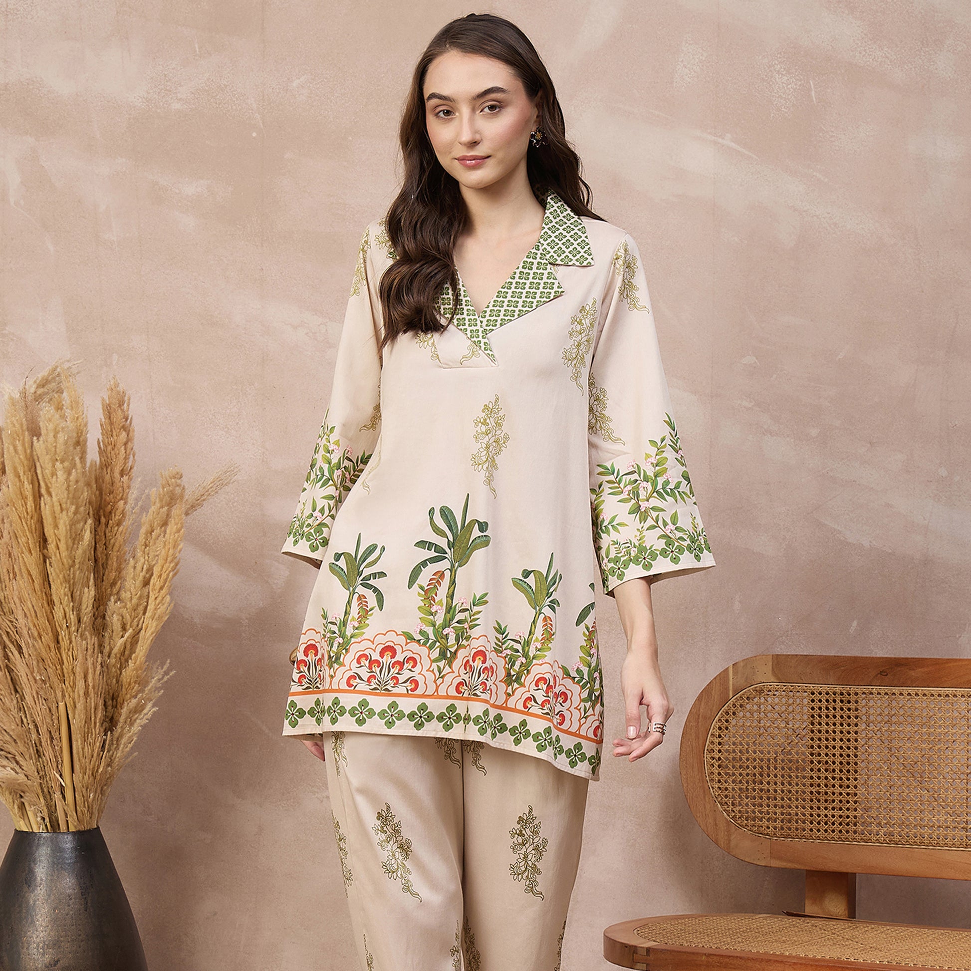Cream Floral Print Kurta for Women – Cotton Satin | First Resort by Ramola Bachchan