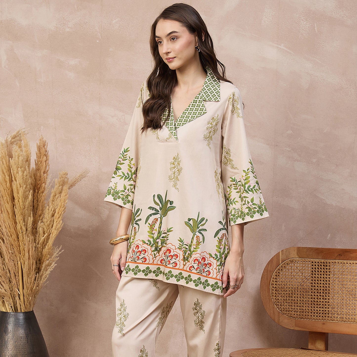 Cream Floral Print Kurta for Women – Cotton Satin – Model View | First Resort by Ramola Bachchan