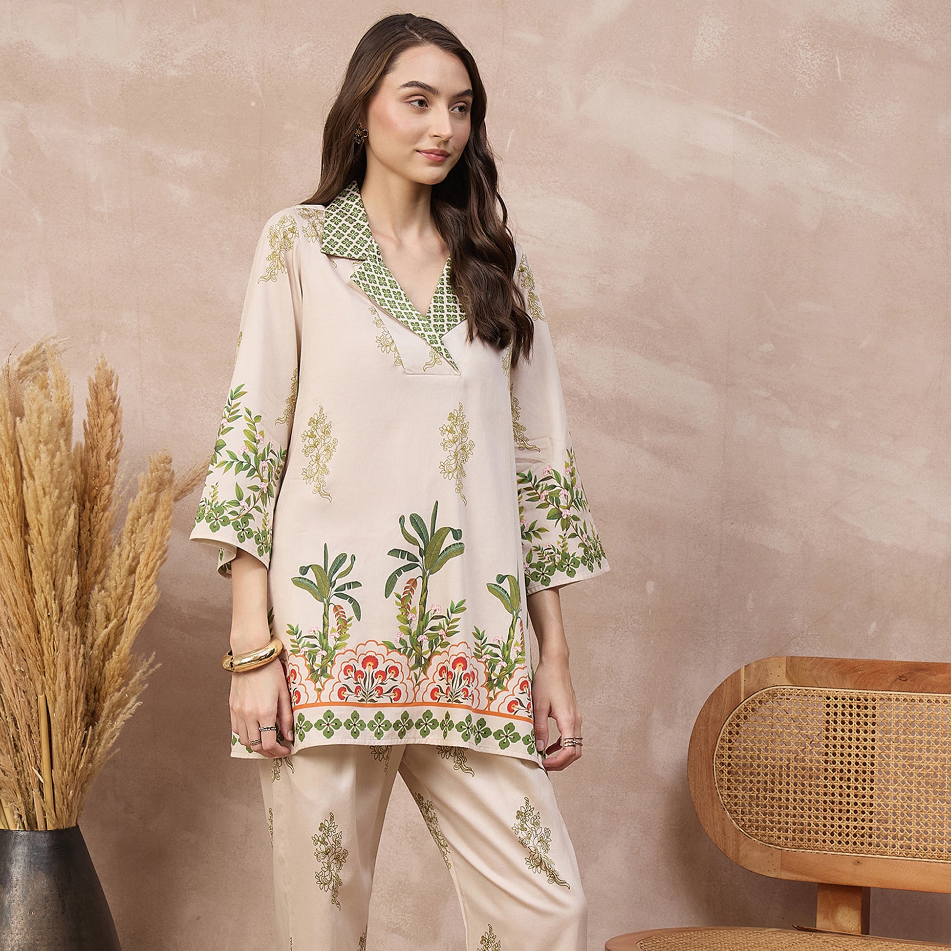 Cream Floral Print Kurta for Women – Cotton Satin – Side View | First Resort by Ramola Bachchan