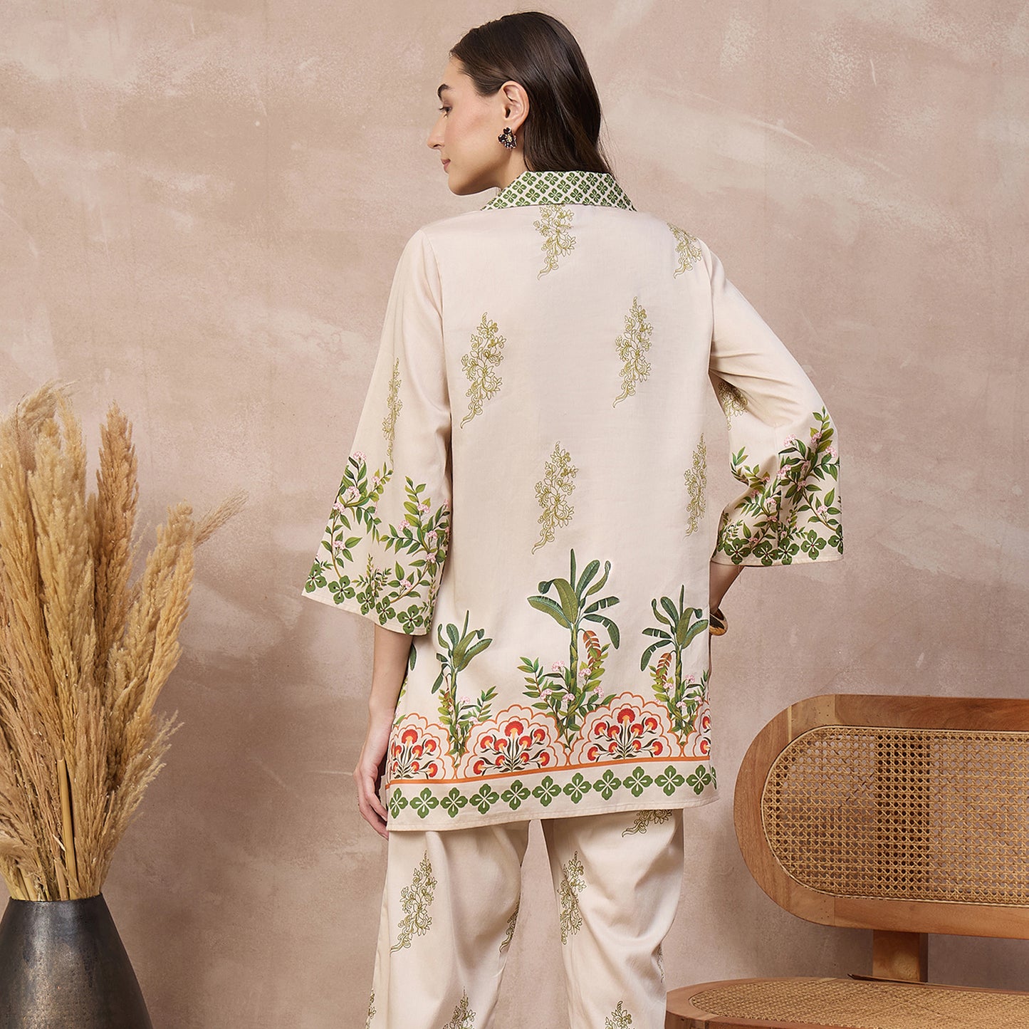 Cream Floral Print Kurta for Women – Cotton Satin – Detail View | First Resort by Ramola Bachchan