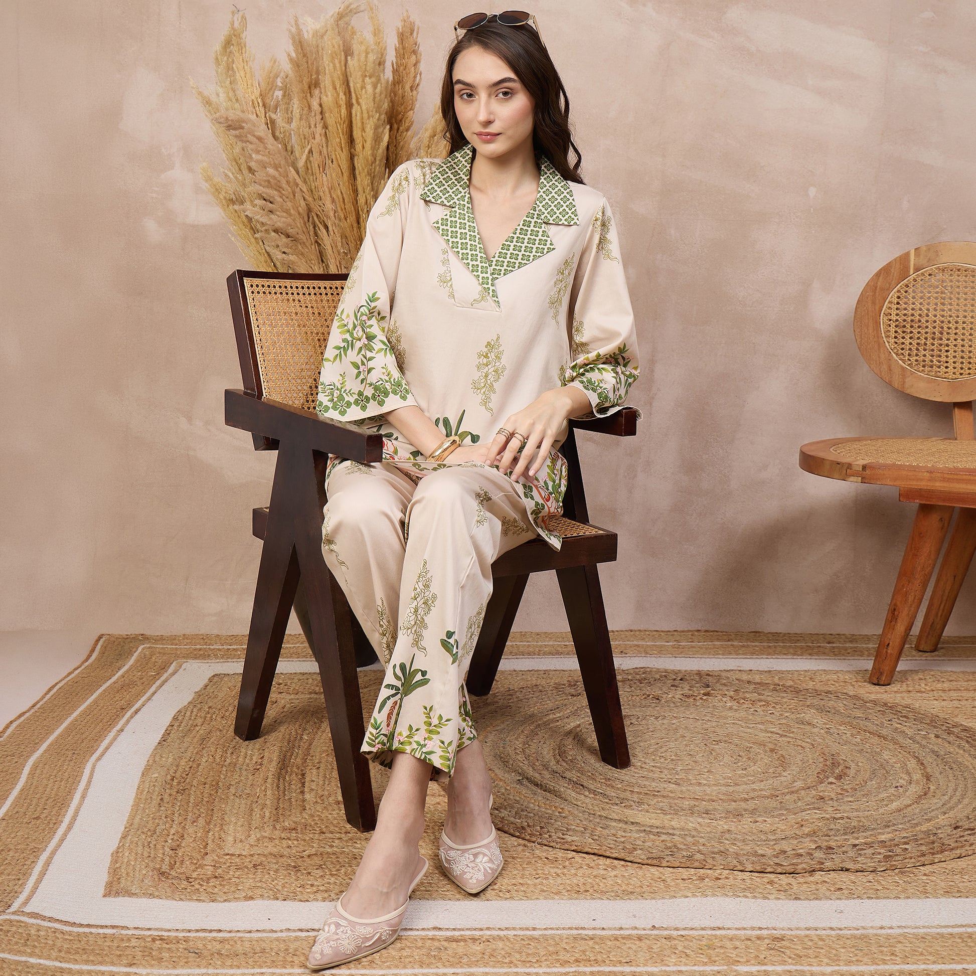 Cream Floral Print Kurta for Women – Cotton Satin – Close Up | First Resort by Ramola Bachchan