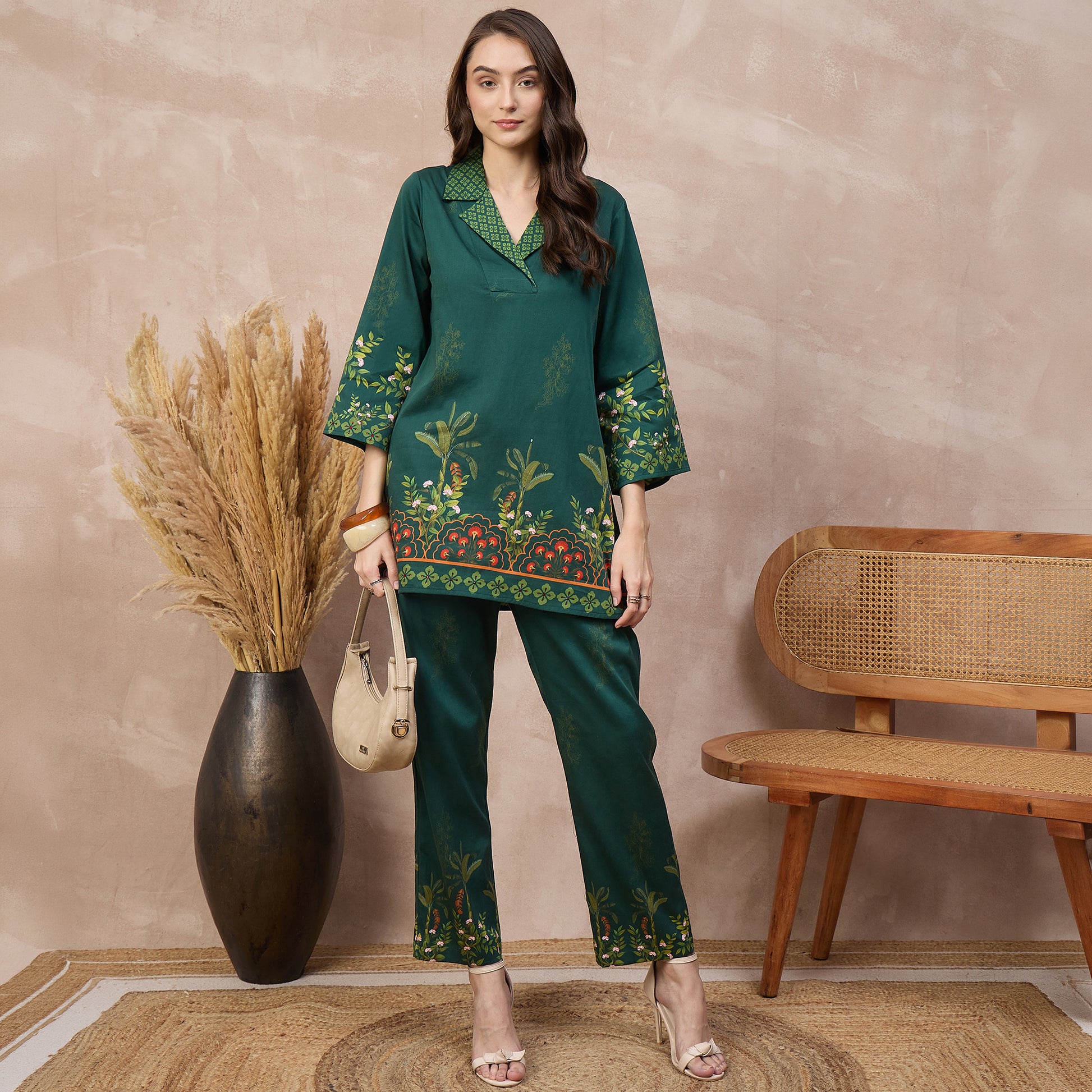 Green Floral Print Kurta for Women – Cotton Satin – Front View | First Resort by Ramola Bachchan