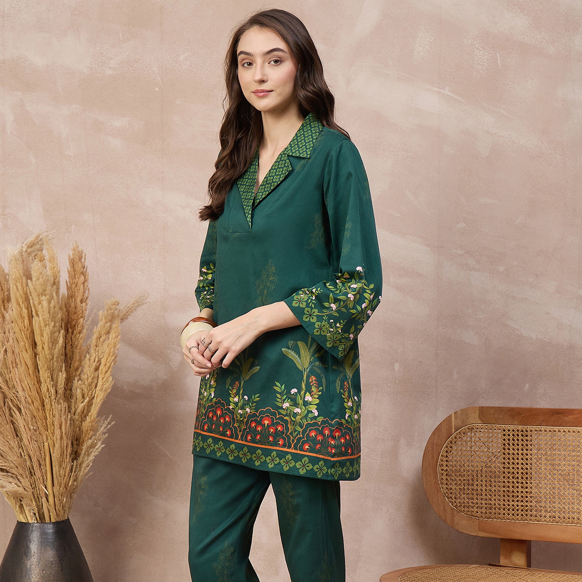 Green Floral Print Kurta for Women – Cotton Satin – Model View | First Resort by Ramola Bachchan