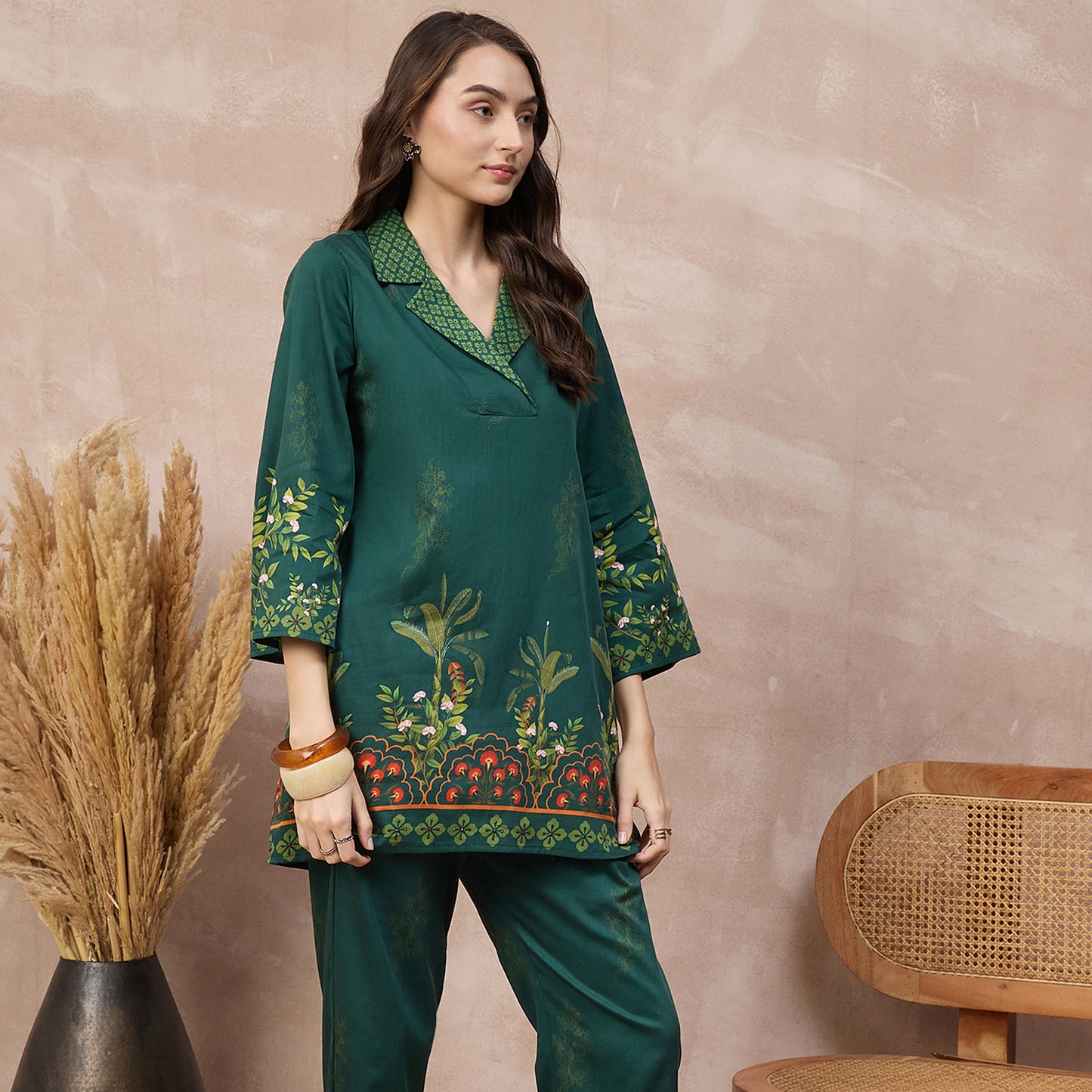Green Floral Print Kurta for Women – Cotton Satin – Side View | First Resort by Ramola Bachchan
