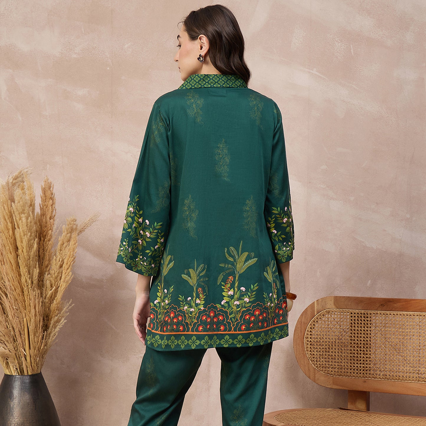 Green Floral Print Kurta for Women – Cotton Satin – Detail View | First Resort by Ramola Bachchan