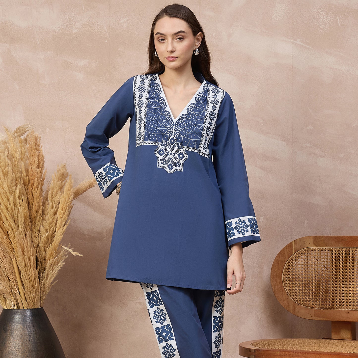 Blue and White Geometric Print Kurta for Women – Cotton Poplin | First Resort by Ramola Bachchan