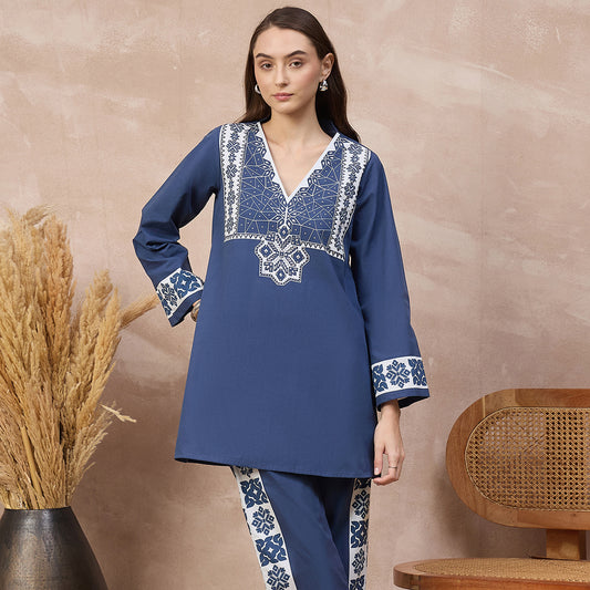 Blue and White Geometric Print Kurta for Women – Cotton Poplin | First Resort by Ramola Bachchan