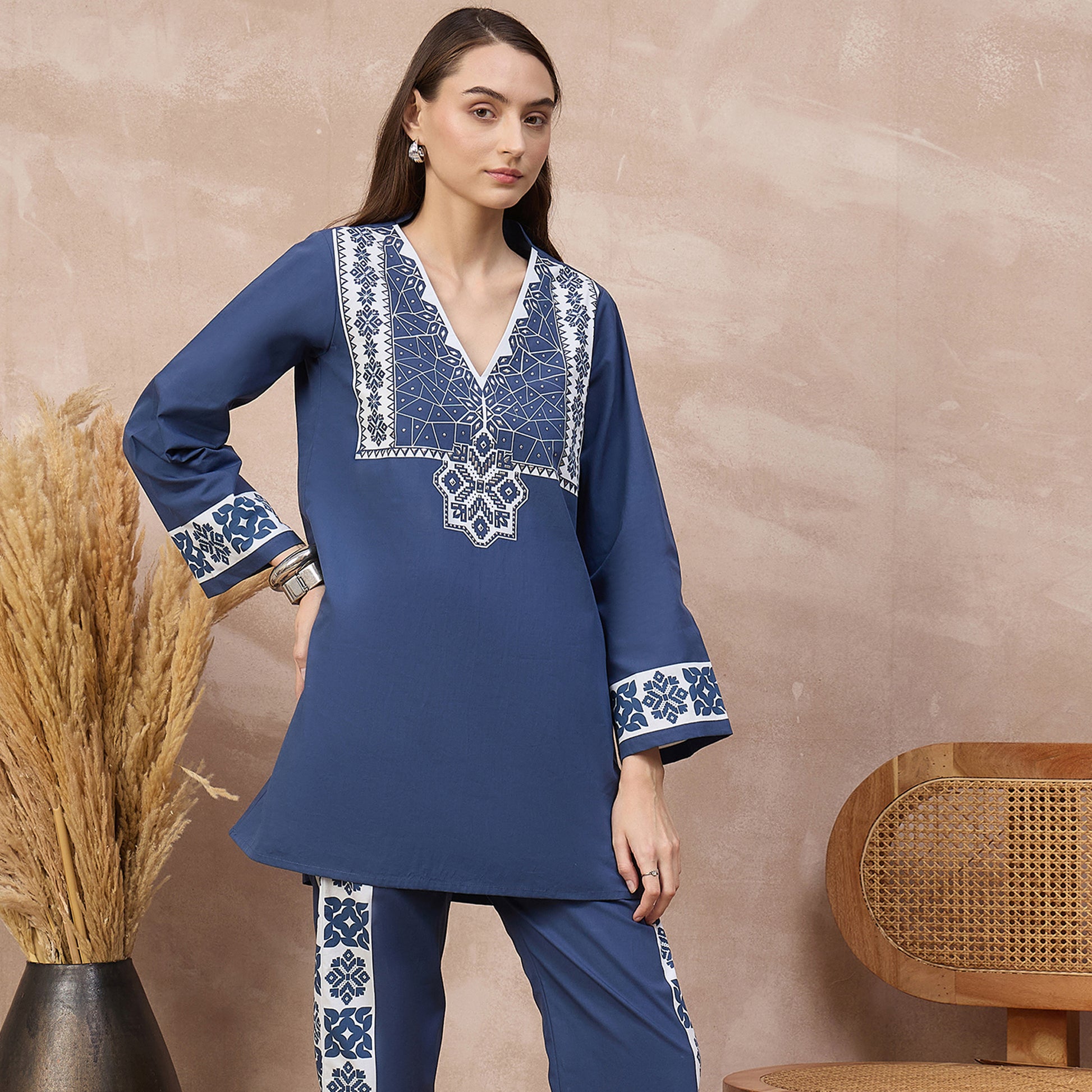 Blue and White Geometric Print Kurta for Women – Cotton Poplin – Model View | First Resort by Ramola Bachchan