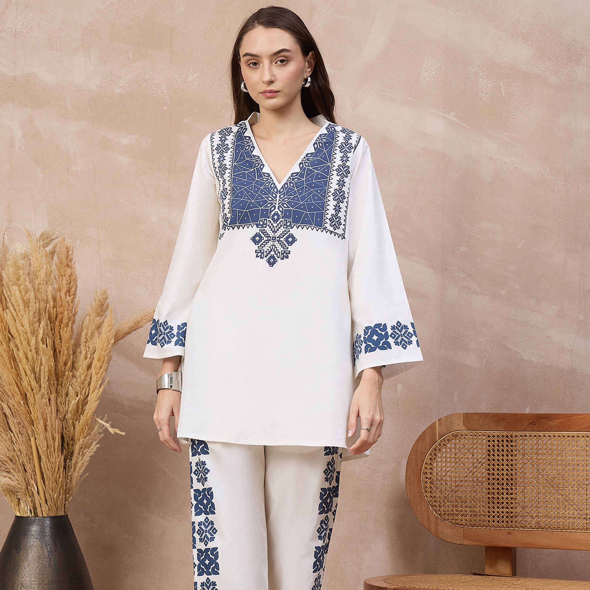 White and Blue Geometric Print Kurta for Women – Cotton Poplin | First Resort by Ramola Bachchan