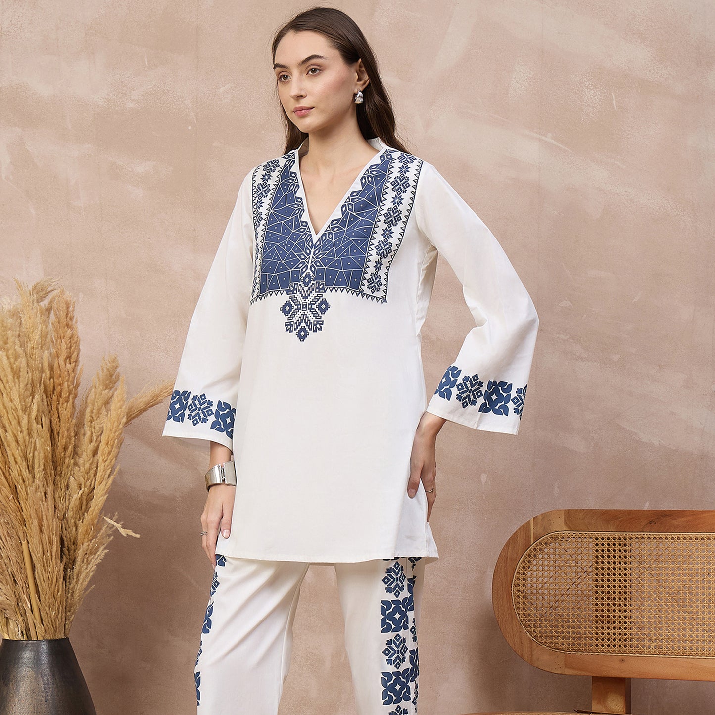 White and Blue Geometric Print Kurta for Women – Cotton Poplin – Model View | First Resort by Ramola Bachchan