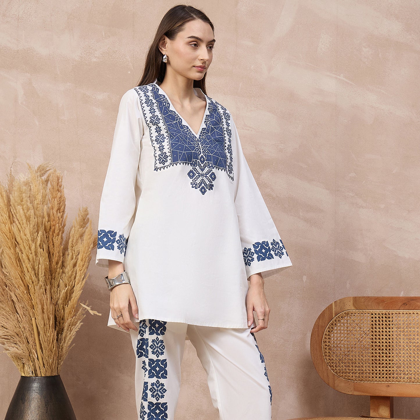 White and Blue Geometric Print Kurta for Women – Cotton Poplin – Side View | First Resort by Ramola Bachchan