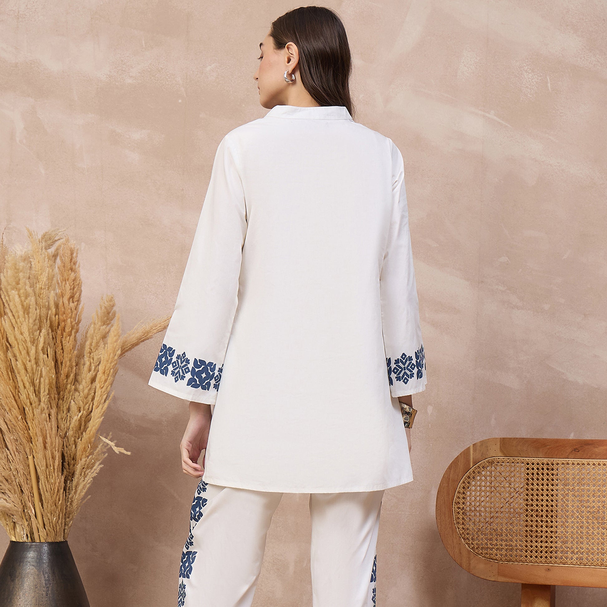 White and Blue Geometric Print Kurta for Women – Cotton Poplin – Detail View | First Resort by Ramola Bachchan