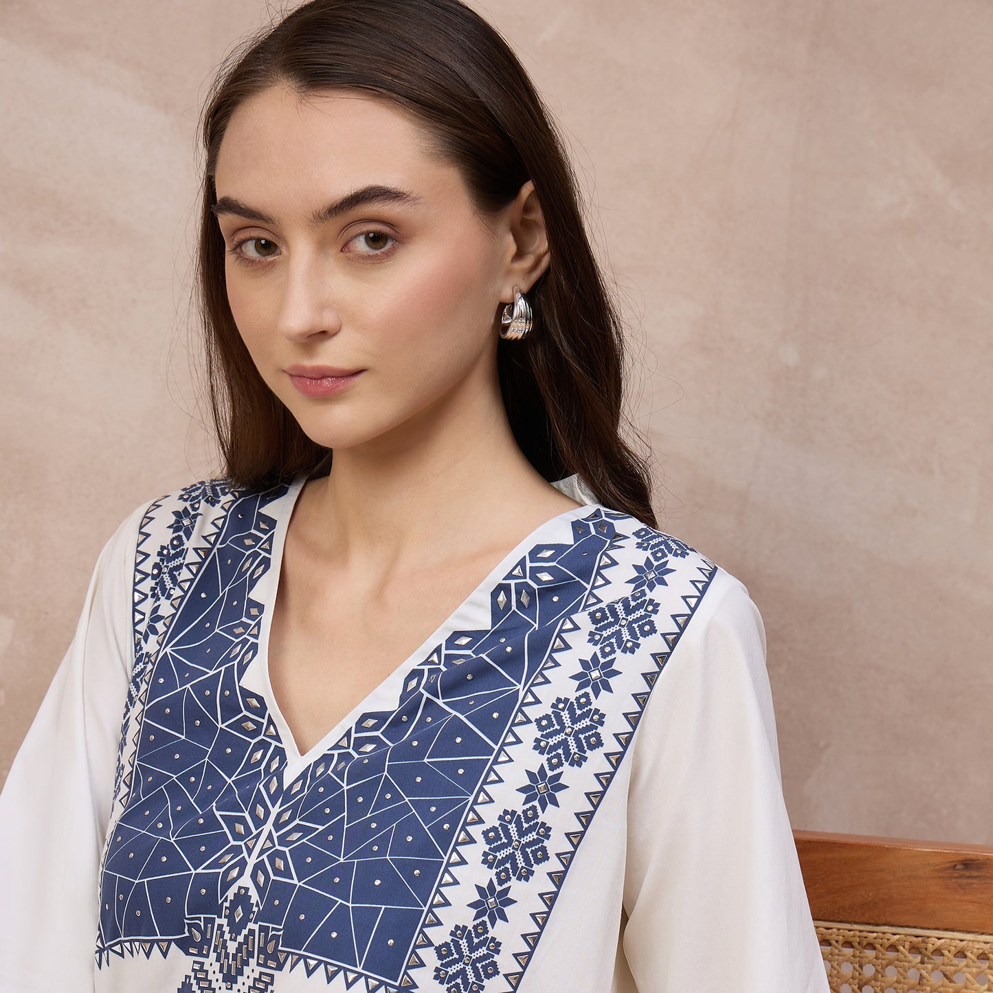 White and Blue Geometric Print Kurta for Women – Cotton Poplin – Back View | First Resort by Ramola Bachchan