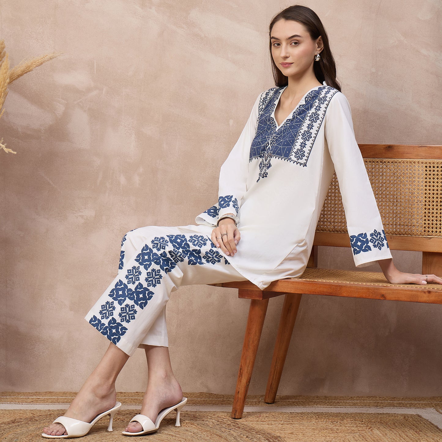 White and Blue Geometric Print Kurta for Women – Cotton Poplin – Close Up | First Resort by Ramola Bachchan