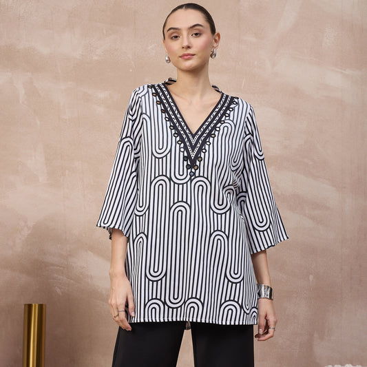 Black and White Geometric Print Kurta for Women – Cotton Satin | First Resort by Ramola Bachchan