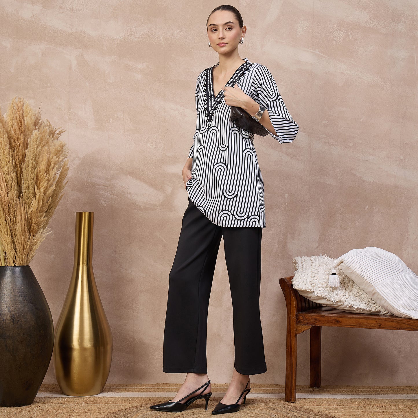 Black and White Geometric Print Kurta for Women – Cotton Satin – Front View | First Resort by Ramola Bachchan