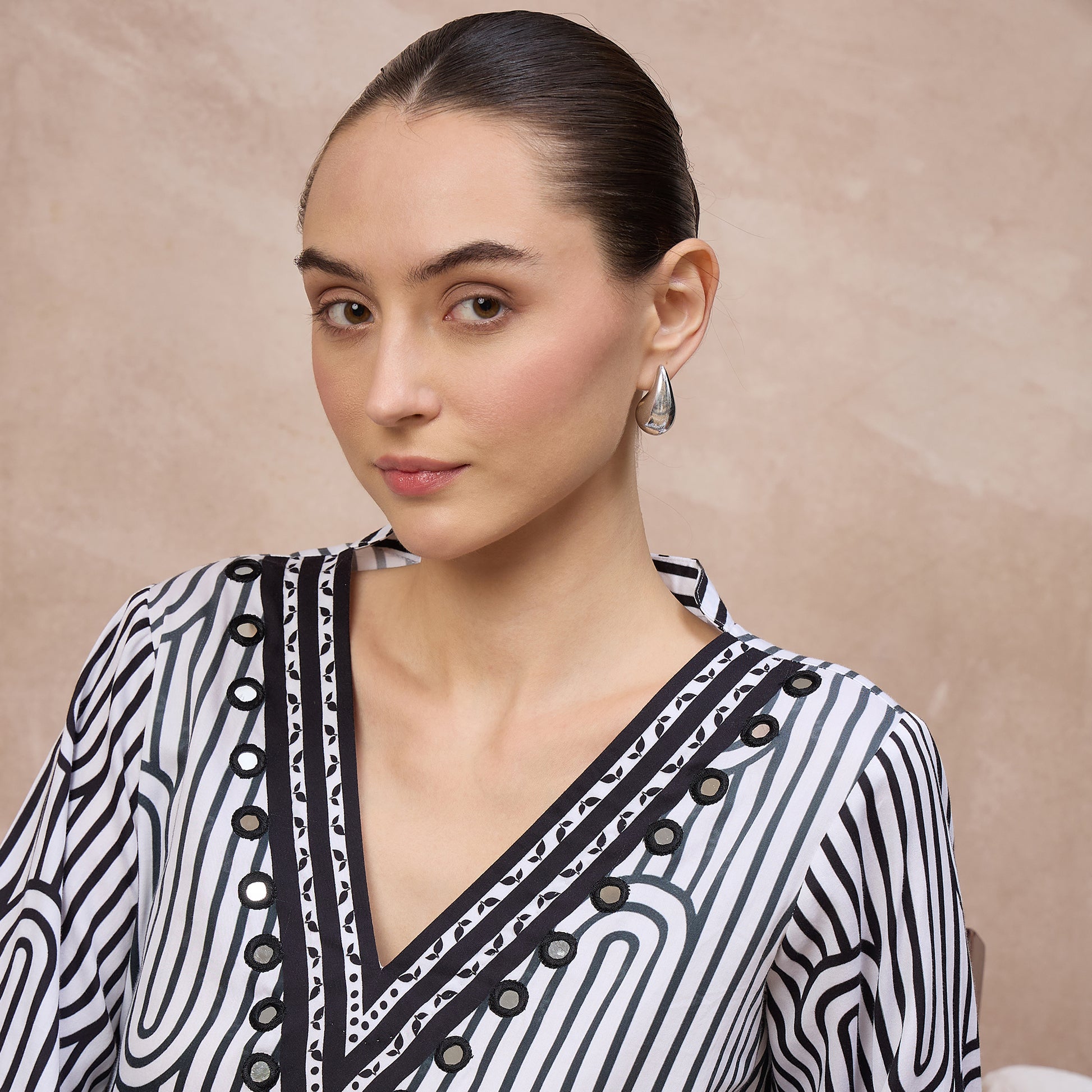 Black and White Geometric Print Kurta for Women – Cotton Satin | First Resort by Ramola Bachchan