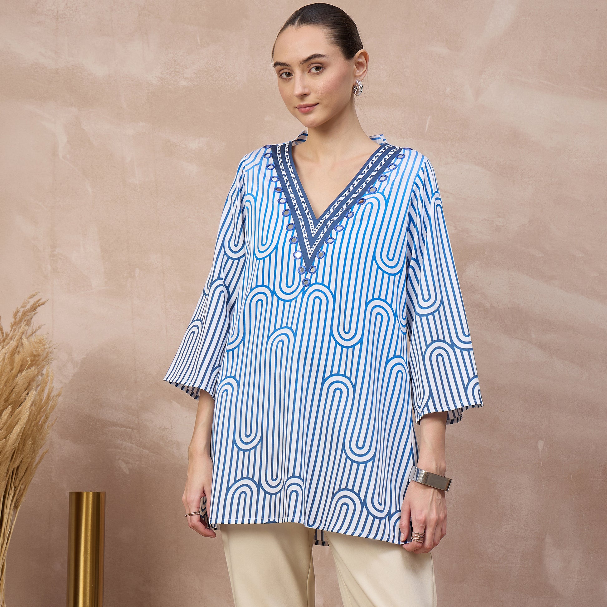 White and Blue Geometric Print Kurta for Women – Cotton Satin | First Resort by Ramola Bachchan