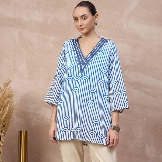White and Blue Geometric Print Kurta for Women – Cotton Satin | First Resort by Ramola Bachchan
