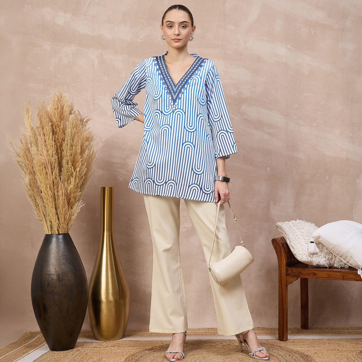 White and Blue Geometric Print Kurta for Women – Cotton Satin – Front View | First Resort by Ramola Bachchan