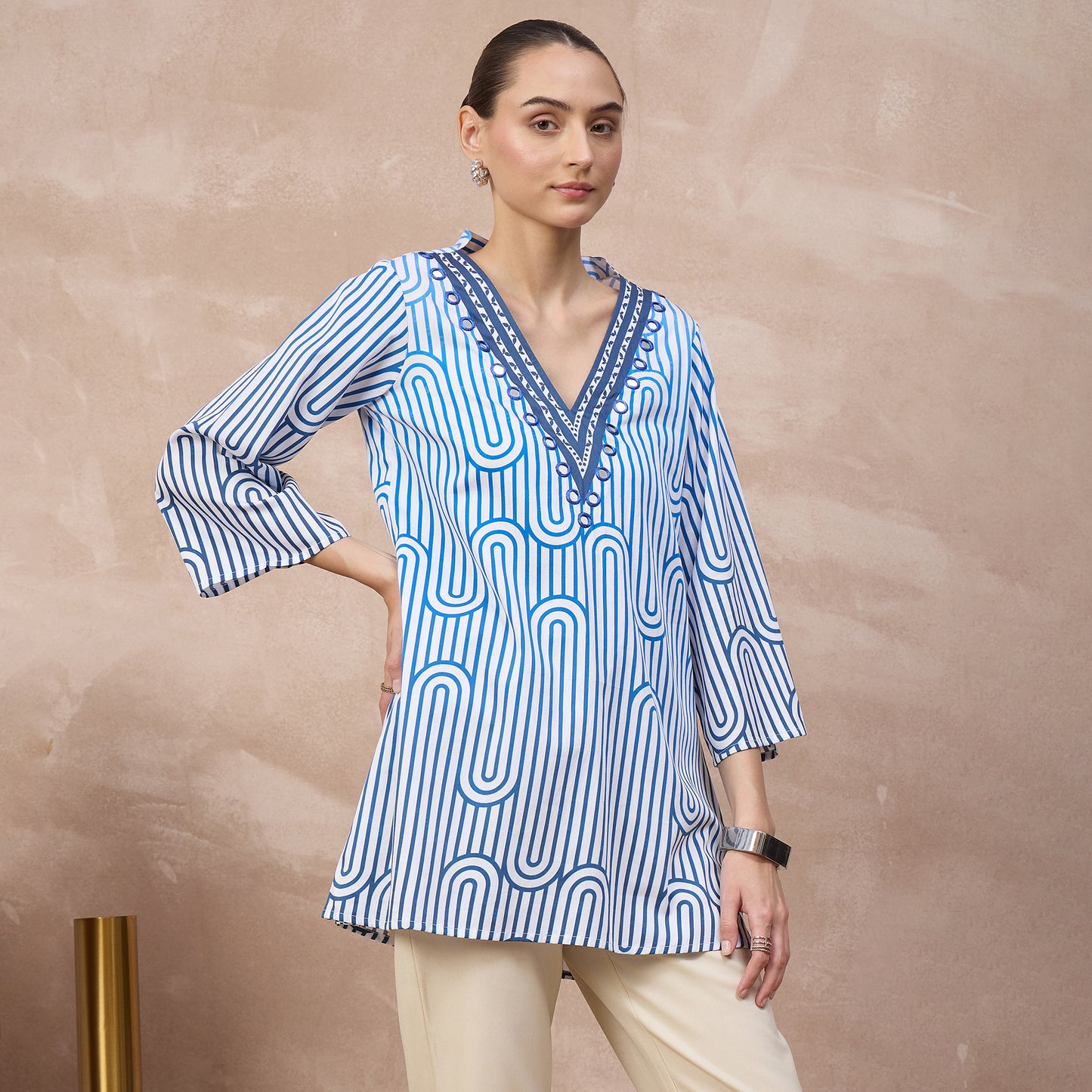 White and Blue Geometric Print Kurta for Women – Cotton Satin – Side View | First Resort by Ramola Bachchan