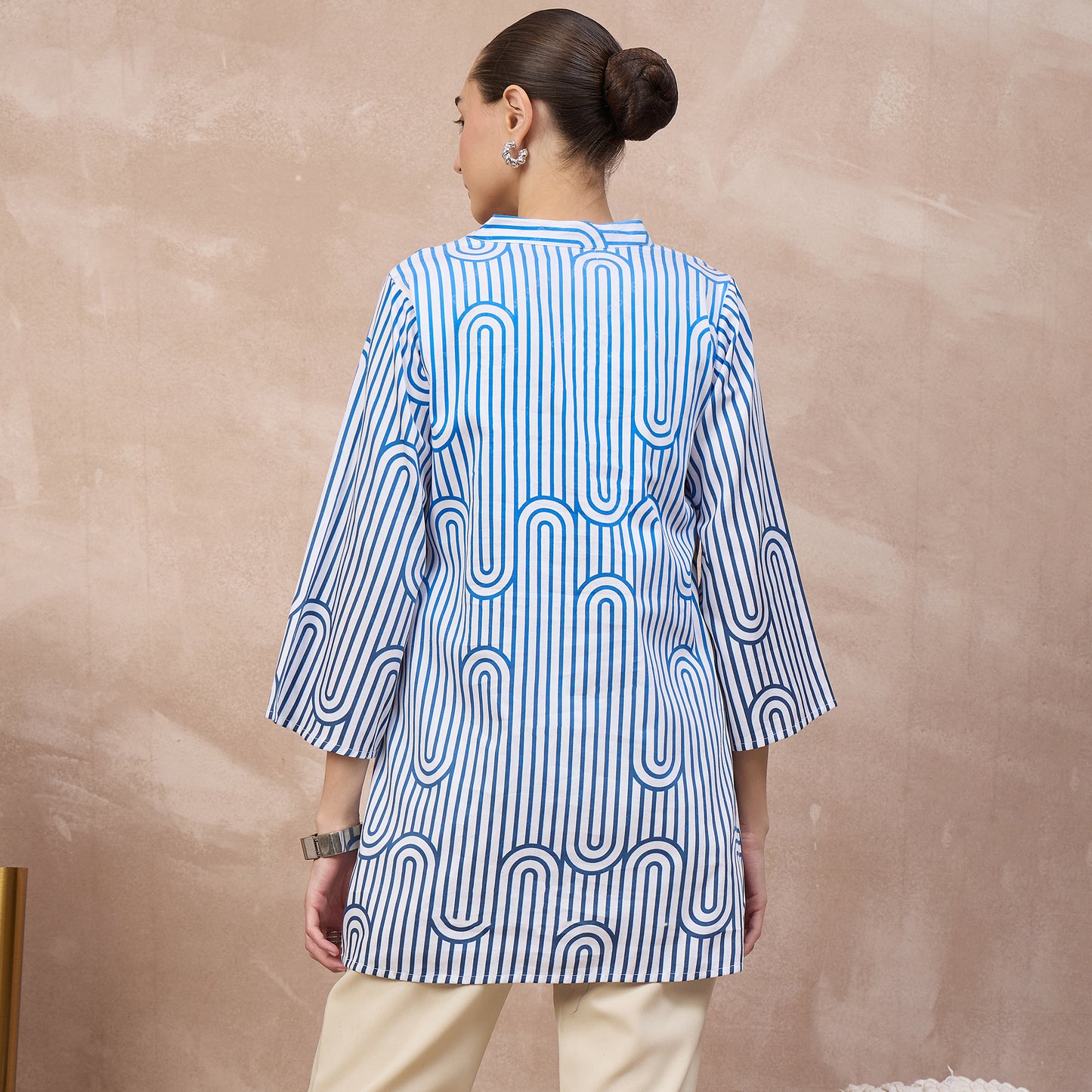 White and Blue Geometric Print Kurta for Women – Cotton Satin – Detail View | First Resort by Ramola Bachchan