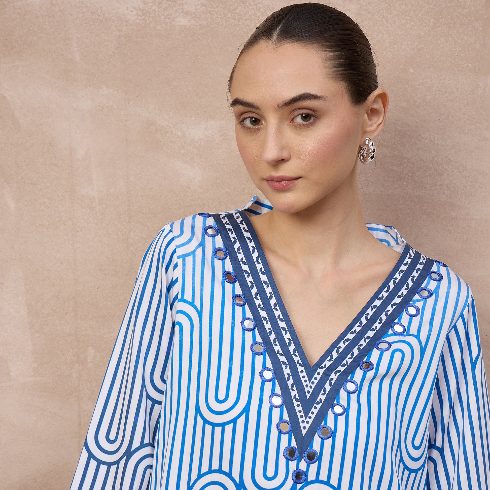 White and Blue Geometric Print Kurta for Women – Cotton Satin – Back View | First Resort by Ramola Bachchan