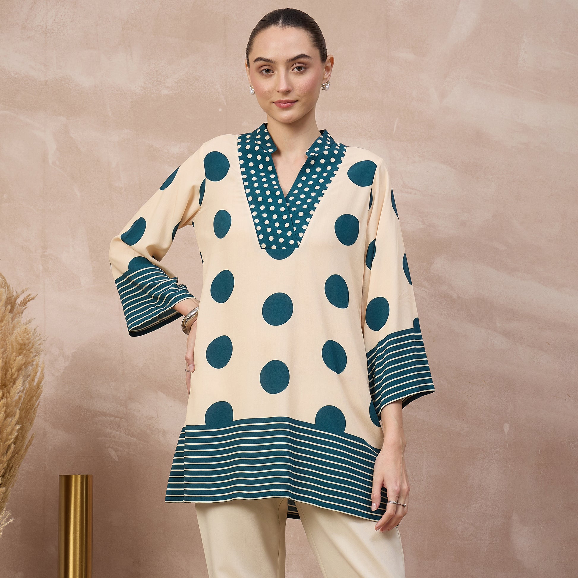 Cream and Blue Geometric Print Kurta for Women – Viscose Rayon | First Resort by Ramola Bachchan